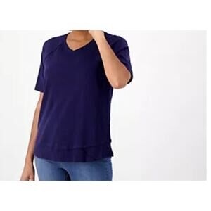 Denim & Co Navy Size XXS Canyon Retreat V Neck Top Raw Hem A630132 NWOT